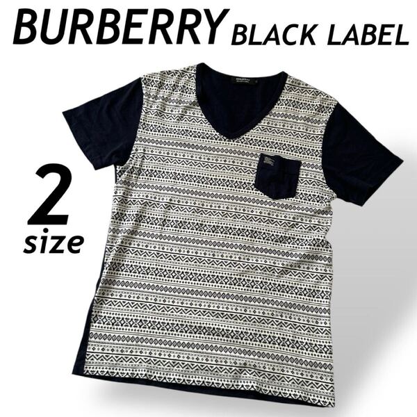 BURBERRY BLACK LABEL メンズ 半袖カットソー Vネック 2 Tシャツ 刺繍ロゴ 幾何学模様 D1P95-405-29 三陽商会 日本製 ネイビー系 (F012)★