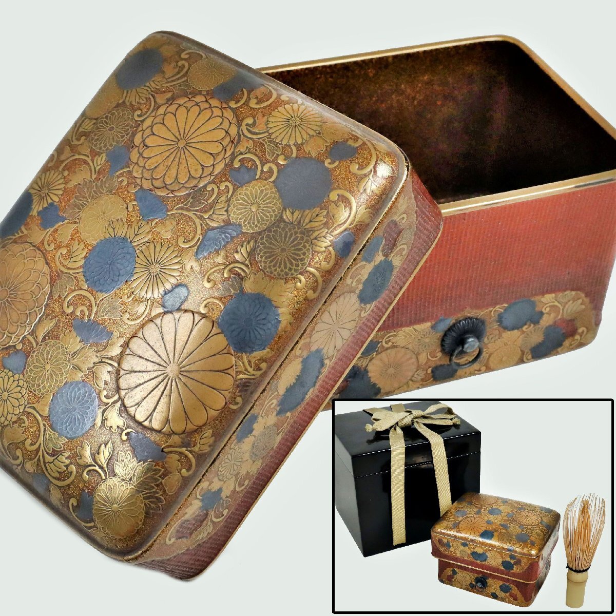 時代漆器 天然木製漆塗 螺鈿金蒔絵 花唐草総蒔絵 四段重箱 重箱