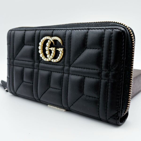 【超美品】グッチ 長財布 GG マーモント パール 黒 レザー キルティング