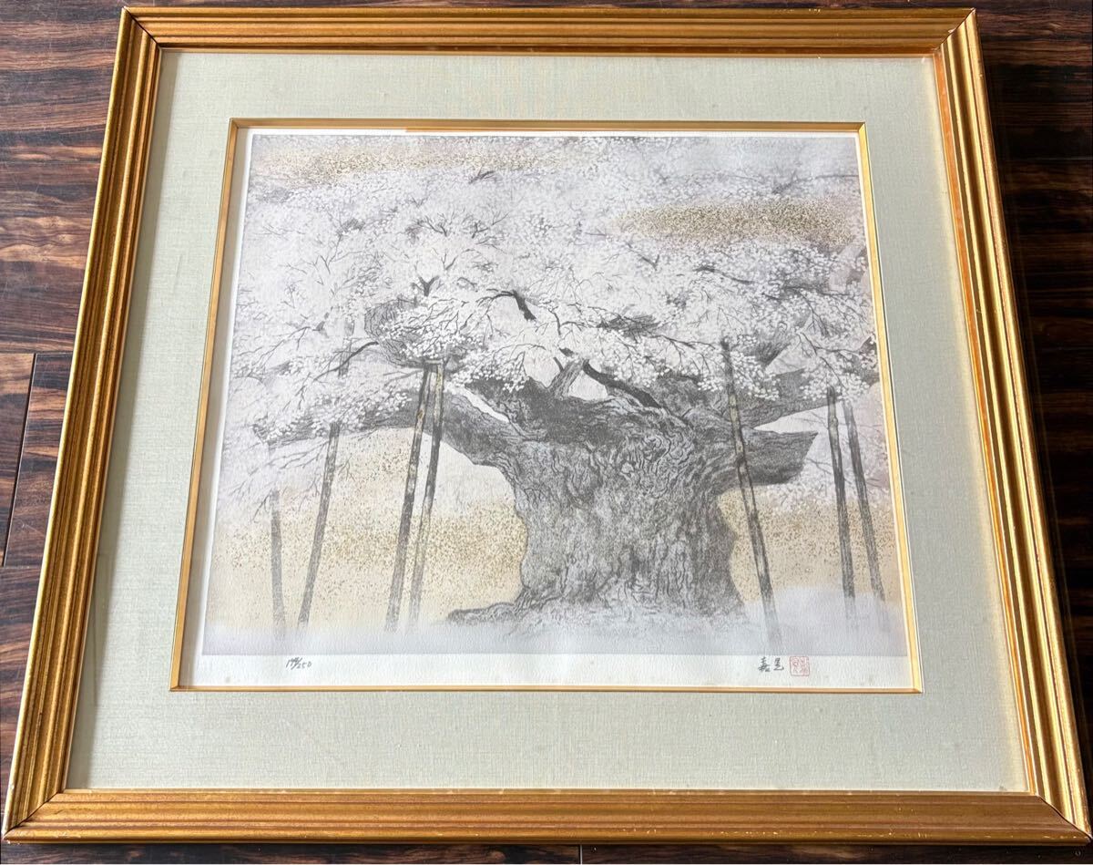 伊藤嘉晃 「淡墨桜」リトグラフ 真作 194/250 共シール 額装