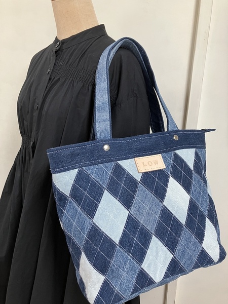 デニムリメイクバッグ ハンドメイド LOW オリジナル トートバッグ アーガイル柄 パッチワーク リメイク 紺