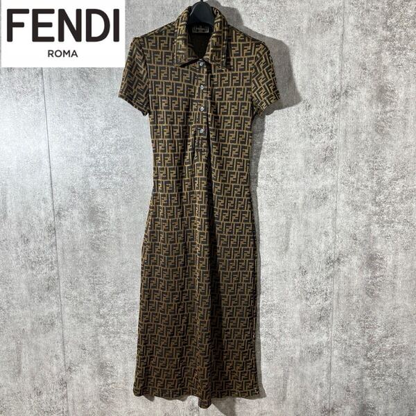 【美品/国内正規】FENDI フェンディ FFロゴ ズッカ柄 半袖ドレス/ ワンピース 40 ブラウン レディース