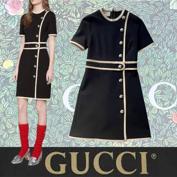 【新品未使用】 GUCCI グッチ ミケーレ タイガーボタン ジャージワンピース レディース 半袖 バイカラー ブラック ホワイト