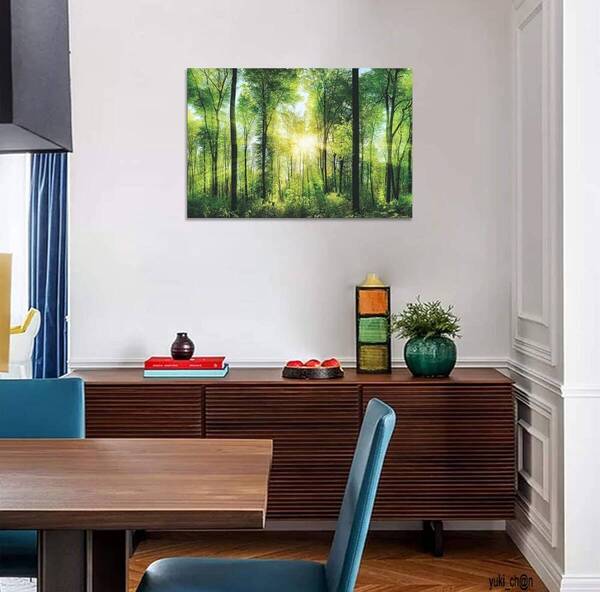 アートパネル 40x60cm 森林 山 絵画 緑 木 太陽 ポスター 日光 自然 風景画 玄関 開運 風水 壁掛け 木枠付きの完成品