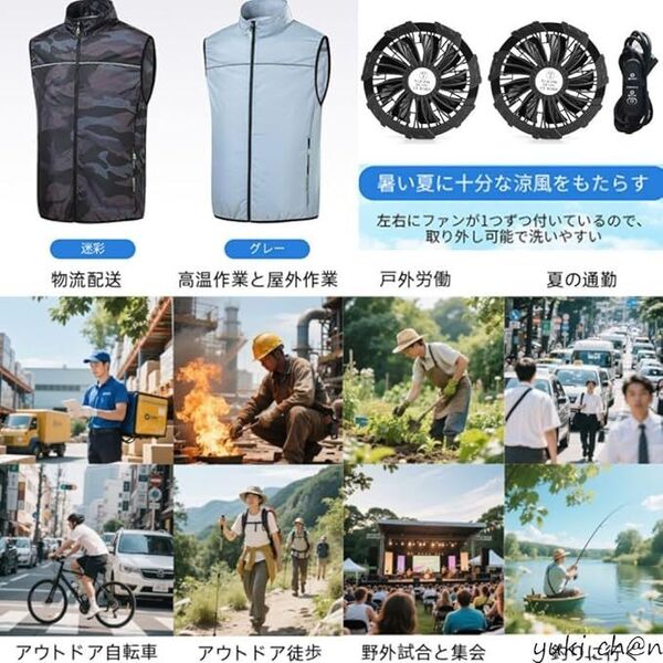 空調作業服 ファン付きベスト 30000mAh大容量バッテリー付属 3段階風量調節 3D循環送風 男女兼用 薄手 グレー サイズ 2XL 節電