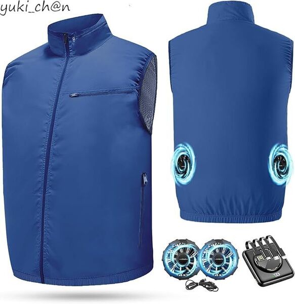 空調作業服 2025新設計 15000mAh大容量バッテリー ファン付きベスト メンズ ファンバッテリーセット 薄型 ブルー サイズM 節電
