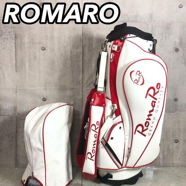 RomaRo ロマロ キャディバッグ ゴルフケース スタンド式 4点固定 6分割 エナメル ホワイト×レッド 約8.5型 インチ エナメル 単体 単品