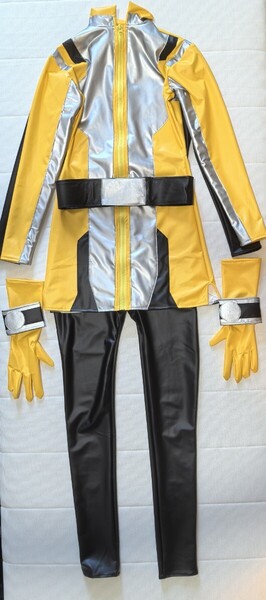 戦隊イェロー、女戦士、ヒロイン、キャットスーツ、PUレザー製、コスプレ衣装