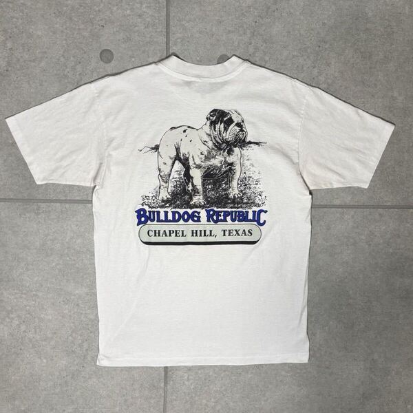 Hanes Tシャツ ブルドッグ 80s USA製 テキサス州 シングルステッチ ヘインズ ヴィンテージ 犬 アニマル プリント ホワイト M