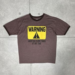 リンガーTシャツ WARNING 警告マーク プリント ヴィンテージ 良配色 メッセージ 危険マーク アメカジ ブラウン イエロー XL