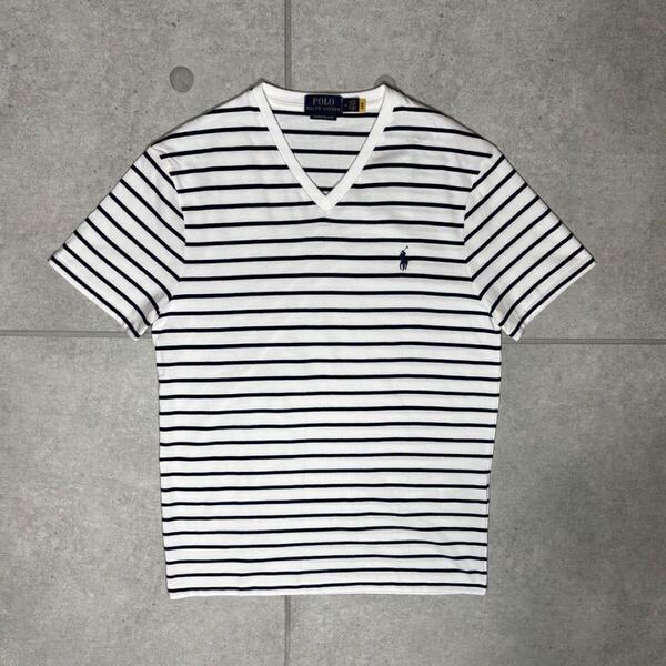 ポロラルフローレン Tシャツ ボーダー スモールポニー 刺繍 Vネック Polo Ralph Lauren 00s ツートーン ホワイト ネイビー M
