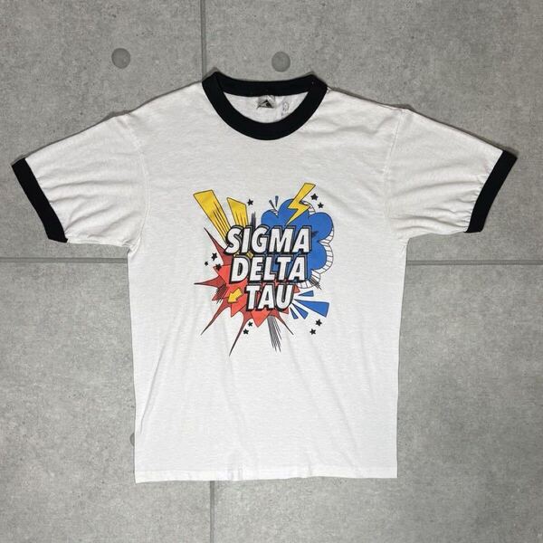 リンガーTシャツ SIGMA DELTA TAU アメコミ風 00s プリント ヴィンテージ シグマ デルタ タウ 良配色 三段 ホワイト ブラック M
