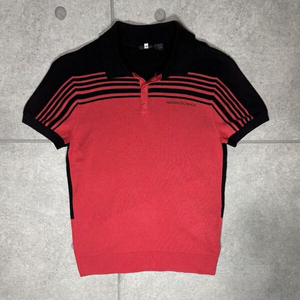 ARMANI EXCHANGE ポロニット ボーダー ワンポイントロゴ 美品 アルマーニエクスチェンジ AX ポロシャツ ハイブランド レッド M