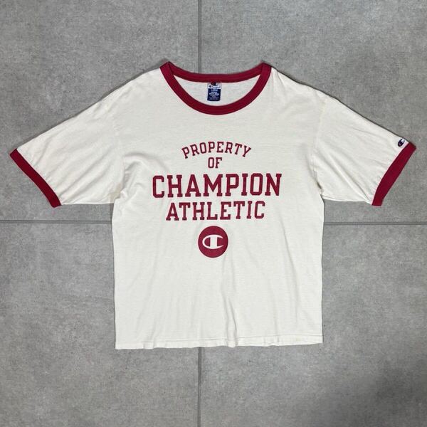 チャンピオン リンガーTシャツ 目有り 大判プリント 良配色 ヴィンテージ アメカジ Champion 90s オールド ホワイト レッド L