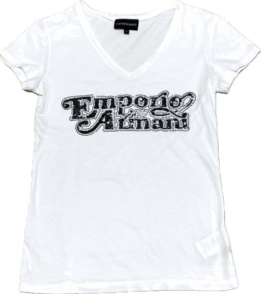 ☆エンポリオアルマーニEMPORIO ARMANI レディースVネック半袖Tシャツ スパンコールとストーンのブランドネーム白黒38☆