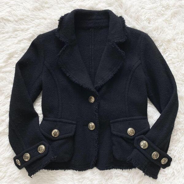 Burberry Blue Label バーバリーブルーレーベル 金ボタン ツイードジャケット フリンジ アンゴラ混 ウール ブラック 黒 38 Mサイズ