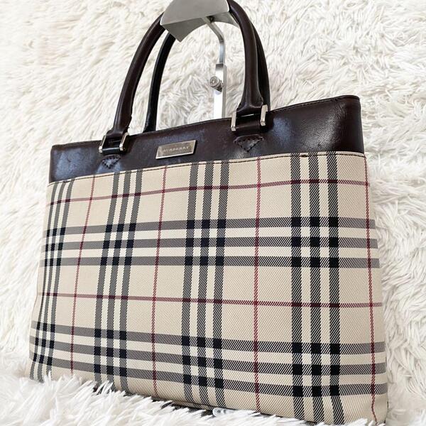 Burberry バーバリー ロゴプレート ノバチェック ハンドバッグ トートバック カバン 肩掛け可能 キャンバス レザー ベージュ ブラウン