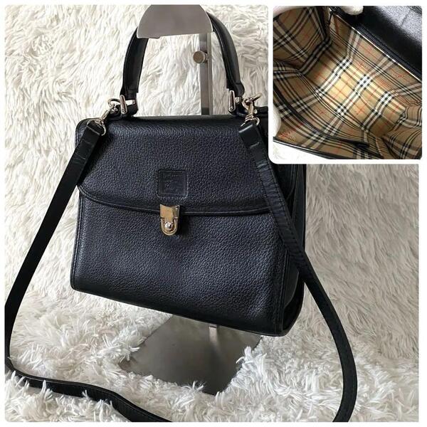 【美品】Burberrys バーバリーズ レザー 本革 シボ革 2WAY ショルダーバッグ ハンドバッグ 内側 ノバチェック ホースロゴ ブラック 黒