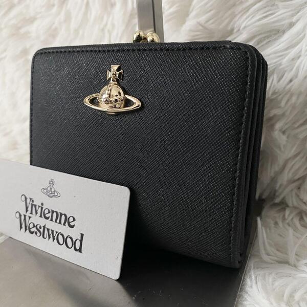 【未使用級】定価6.3万 Vivienne Westwood ヴィヴィアンウエストウッド オーブ ゴールドロゴ がま口折り財布 ヴィーガンレザー ブラック 黒