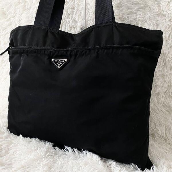 【極美品】PRADA プラダ 大容量 トートバッグ ハンドバッグ 手提げカバン 肩掛け可能 三角ロゴ テスートナイロン ブラック 黒 白タグ