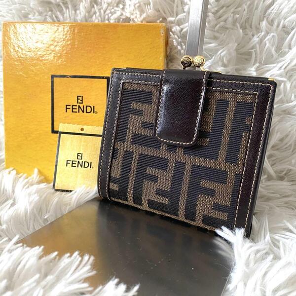 【美品】FENDI フェンディ がま口 折り財布 二つ折り ズッカ柄 FFロゴ モノグラム キャンバス レザー 箱付き ブラウン系