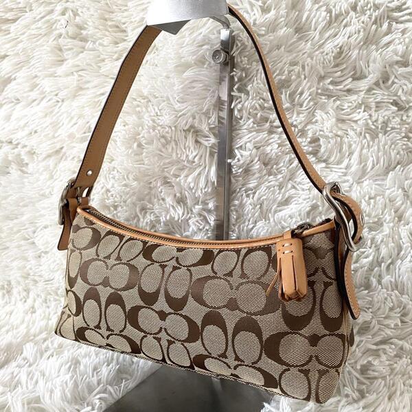 【美品】COACH コーチ ワンショルダーバッグ ハンドバッグ トートバッグ 肩掛け シグネチャー キャンバス レザー タッセル 8K01 ベージュ