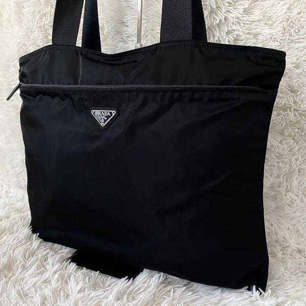 【A4収納可能】PRADA プラダ 大容量 トートバッグ ハンドバッグ ワンショルダー 三角ロゴプレート テスートナイロン ブラック 黒 白タグ