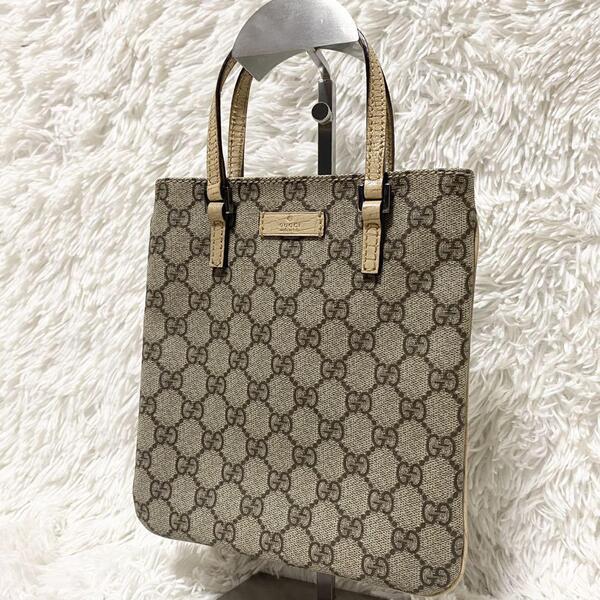 送料無料!【美品】GUCCI グッチ ミニ ハンドバッグ トートバッグ 手持ちカバン GGスプリーム GG柄 PVC レザー ベージュ系 114600