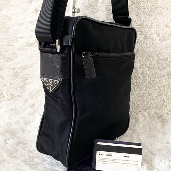 【Gカード付き・極美品】PRADA プラダ ショルダーバッグ 斜めがけ 三角ロゴ サフィアーノレザー テスートナイロン ブラック 黒 V160