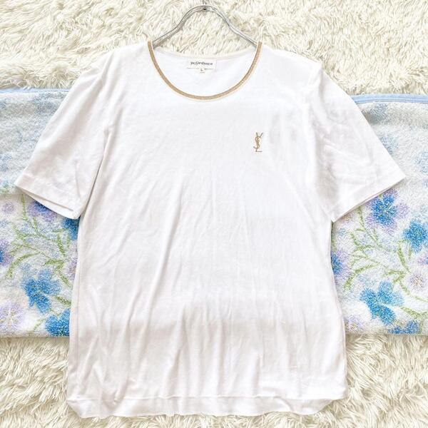 訳あり Yves Saint Laurent イヴサンローラン 半袖 Tシャツ カットソー YSLロゴ刺繍 ラメネック 白 ホワイト レディース Lサイズ