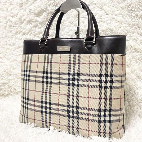 【美品】Burberry バーバリー トートバッグ ハンドバッグ おでかけカバン ロゴプレート キャンバス レザー ノバチェック ベージュ ブラウン