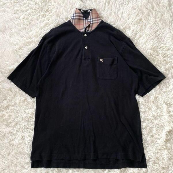 【メンズL・襟裏ノバチェック】Burberry Golf バーバリーゴルフ 半袖 ポロシャツ ゴルフウェア スポーツ ホース刺繍 ブラック 黒 大きめ