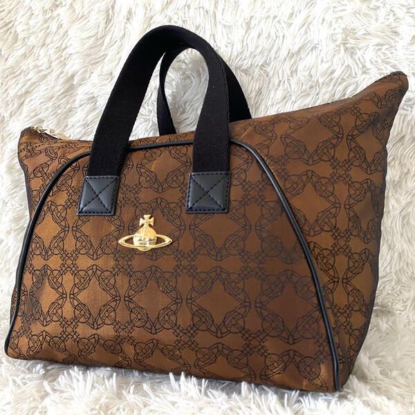 【美品×A4収納可能】Vivienne Westwood ヴィヴィアンウエストウッド オーブ総柄 ボストンバッグ ハンドバッグ カバン ゴールド 大容量
