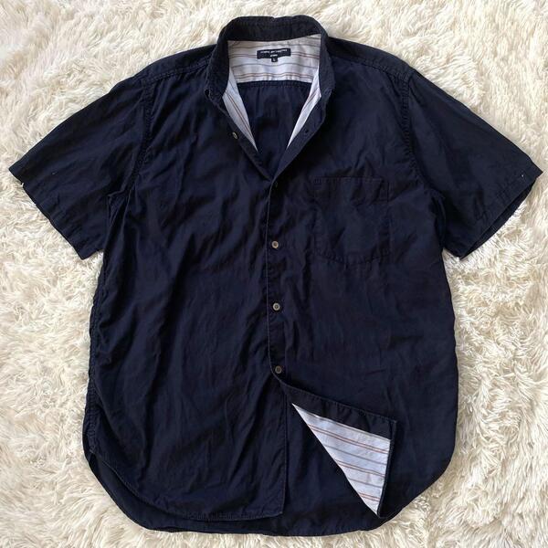 【淳弥オム・田中オム 混成期】AD2004 COMME des GARCONS HOMME コムデギャルソンオム 半袖シャツ 胸ポケット シェルボタン 紺色 メンズL