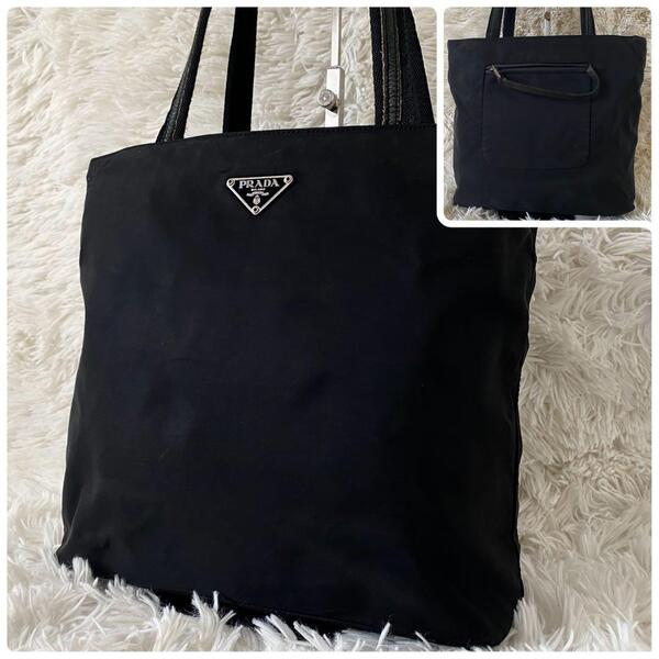 PRADA プラダ トートバッグ ハンドバッグ 肩掛け可能 ワンショルダー テスートナイロン レザー 三角ロゴ 三層式 ブラック 黒 白タグ