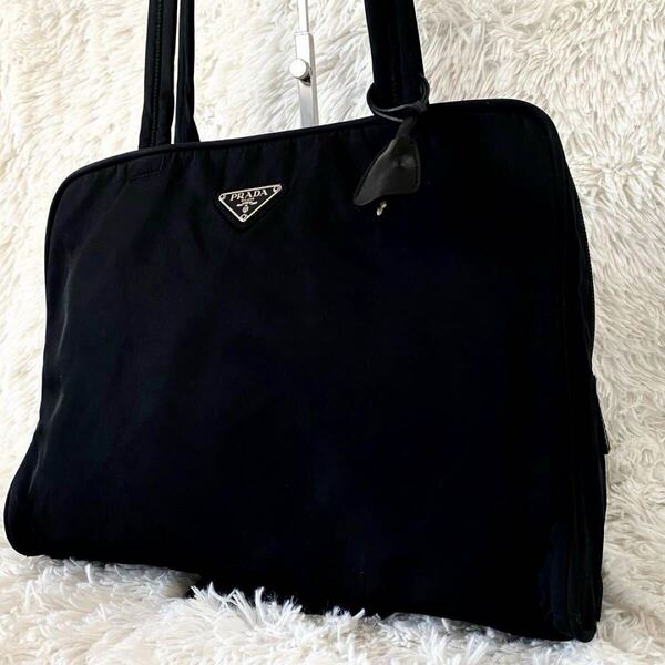 送料無料!【A4対応! 美品】PRADA プラダ 南京錠付き トートバッグ 肩掛け可能 ハンドバック ナイロン 三角ロゴ 白タグ ブラック 黒