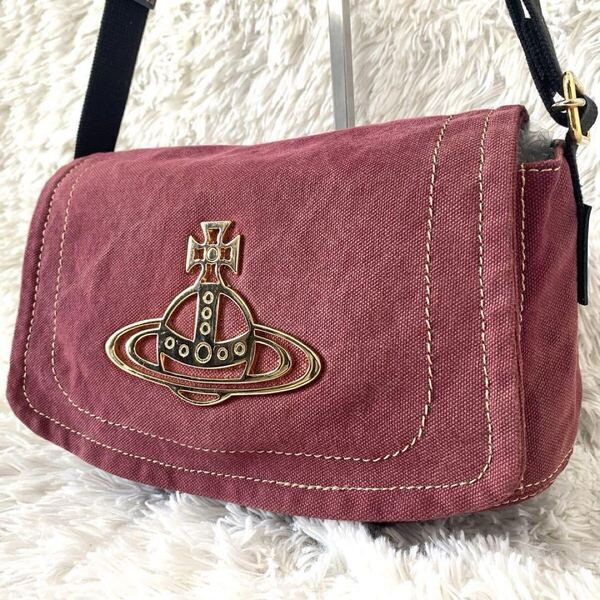送料無料!【美品】Vivienne Westwood ヴィヴィアンウエストウッド エッジウェア キャンバス ショルダーバッグ ビッグオーブ 赤 レッド
