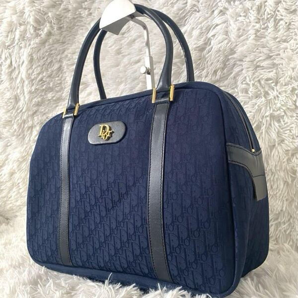 希少 Christian Dior クリスチャンディオール トロッター柄 CD金具 ミニボストンバッグ トート キャンバス レザー ゴールドロゴ ネイビー