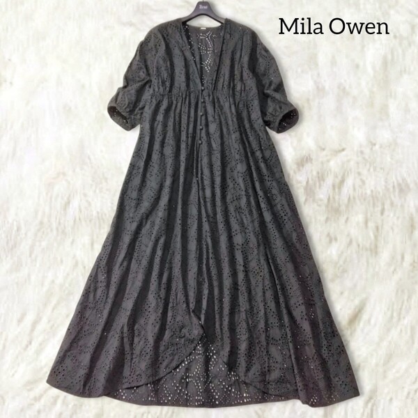 68 【Mila Owen】 ミラオーウェン 刺繍 カットワーク ロングカーディガン 0 ブラック 黒 ゆったり 春夏 フレア ギャザー Vネック シアー