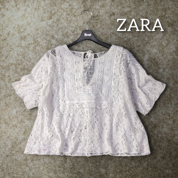 69 【ZARA】 ザラ かぎ編み レース トップス カットソー S ホワイト 白 シアー 透け感 ショート丈 半袖 バックリボン 春夏 レディース