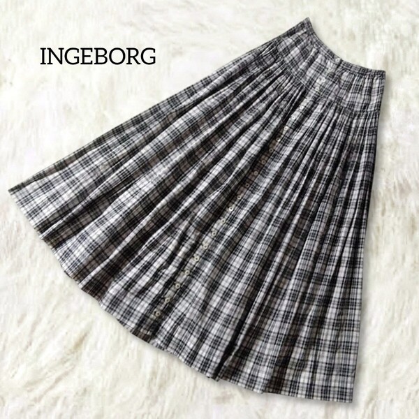 69 【INGEBORG】 インゲボルグ チェック ロングスカート ブラック ホワイト 薄手 春夏 フレア Aライン 綿 ギャザー 前ボタン ピンクハウス