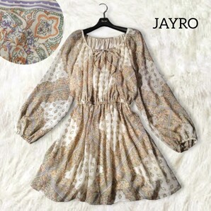 70 【JAYRO】 ジャイロ 総柄 チュニック ワンピース M ホワイト スカーフ柄 花柄 長袖 シアースリーブ 透け感 フレア リボン レディース