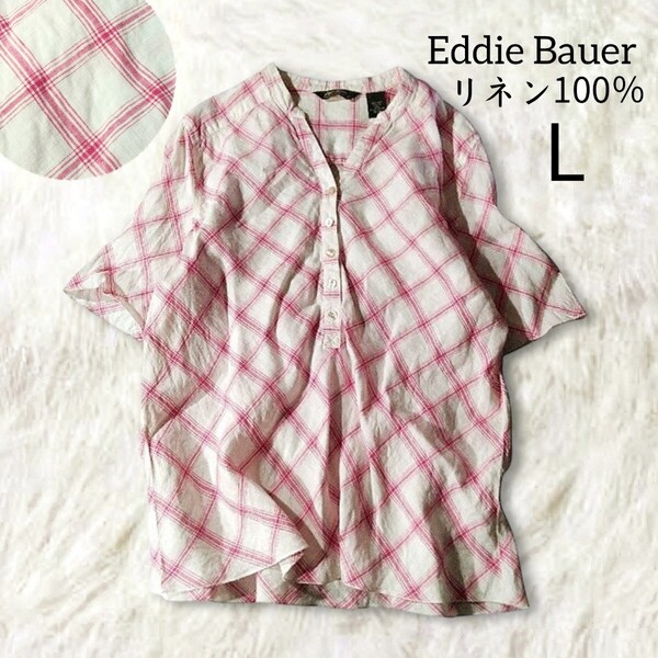 70 【Eddie Bauer】 エディーバウアー 麻100 リネン100 半袖 シャツ L ホワイト レッド チェック スキッパー ハーフボタン 春夏 レディース