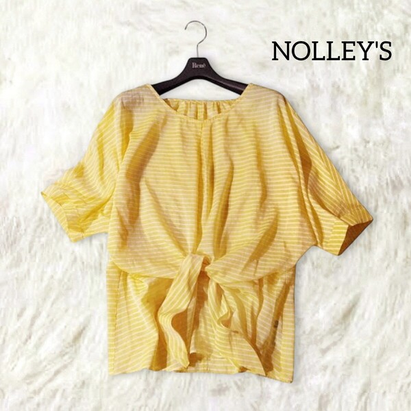 71 【NOLLEYS】 ノーリーズ シアー 半袖 ブラウス トップス 38 M 日本製 イエロー ボーダー 総柄 ドルマンスリーブ 光沢感 透け感 春夏