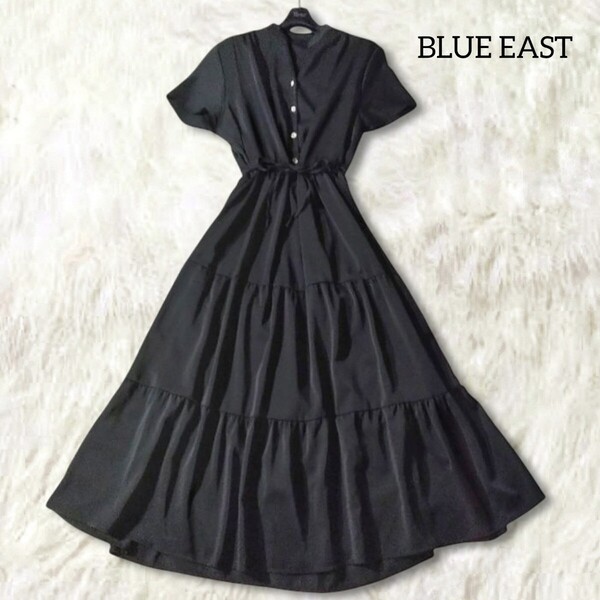 70 【BLUE EAST】 ブルーイースト 半袖 シャツワンピース ロングワンピース 黒 ブラック シンプル 無地 フレア 春夏 ティアード Aライン