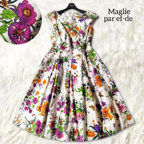 59 【Maglie ar ef-de】 マーリエパーエフデ カラフル 花柄 ワンピース 9号 M ホワイト 総柄 フラワー 蝶 個性的 ひざ丈 ノースリーブ 春夏