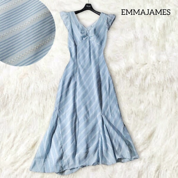 69 【EMMAJAMES】 エマジェイムス ワンピース 9号 M ブルー 水色 ストライプ フレア 春夏 ひざ丈 膝丈 アシンメトリー キレ フェミニン