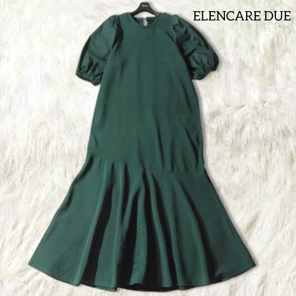 70 【ELENCARE DUE】 ロングワンピース F 緑 グリーン ゆったり オーバーサイズ フレア ボリュームスリーブ パフスリーブ シンプル 半袖