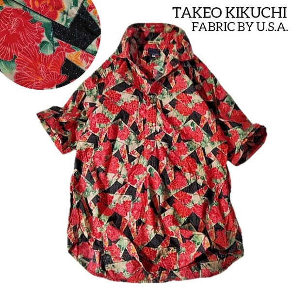 70 【TK TAKEO KIKUCHI】 タケオキクチ 総柄 半袖 シャツ トップス 2 レッド 花柄 カラフル 和柄 ハーフボタン 個性的 派手 USA 夏 メンズ