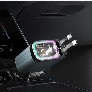 【2025年新モデル】シガーソケット 車載充電器 USB & USB-C Type-C 器 巻き取り式 ケーブル ムードライト ホームスターブラック